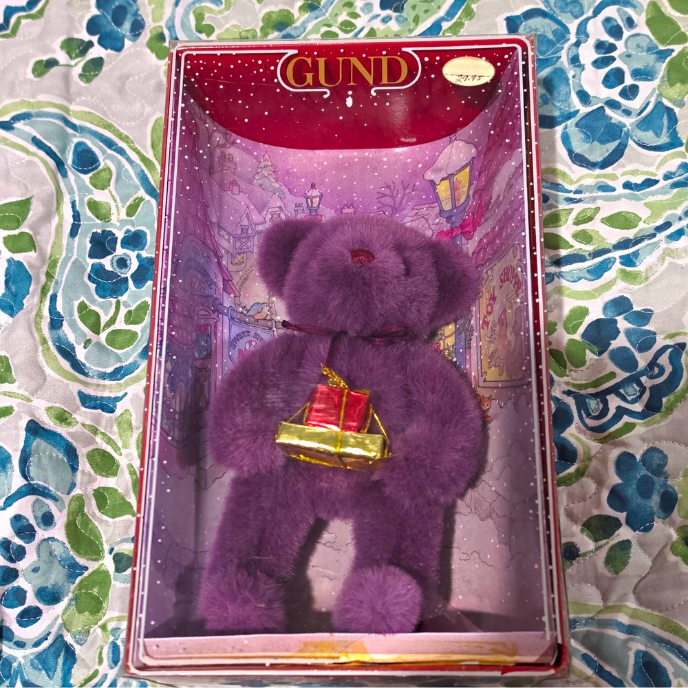 GUND Christmas Collection 1993 Purple Teddy Bear Plush with Gift Box